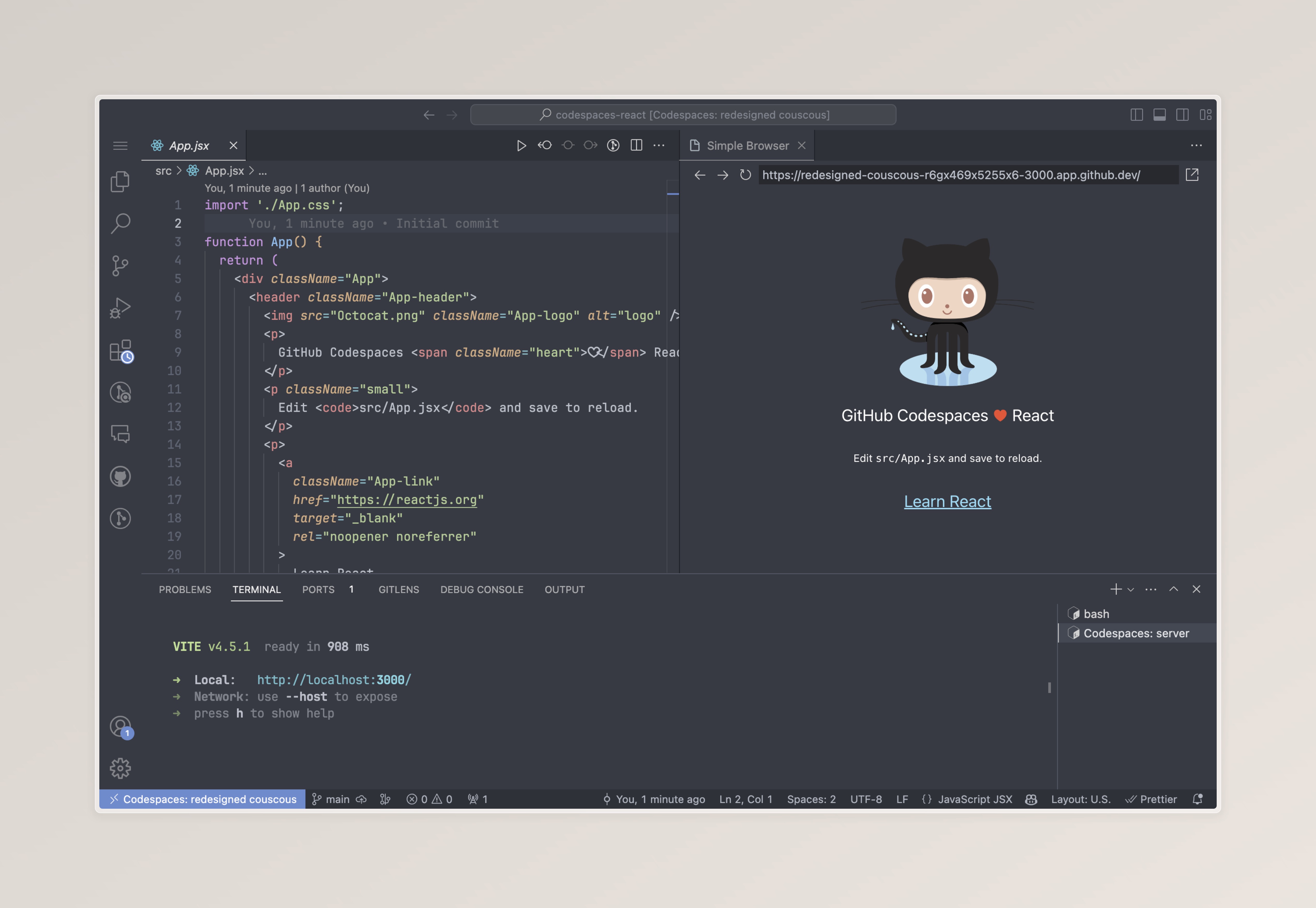 GitHub Codespaces is used spin up a fully configured dev environment in the cloud.